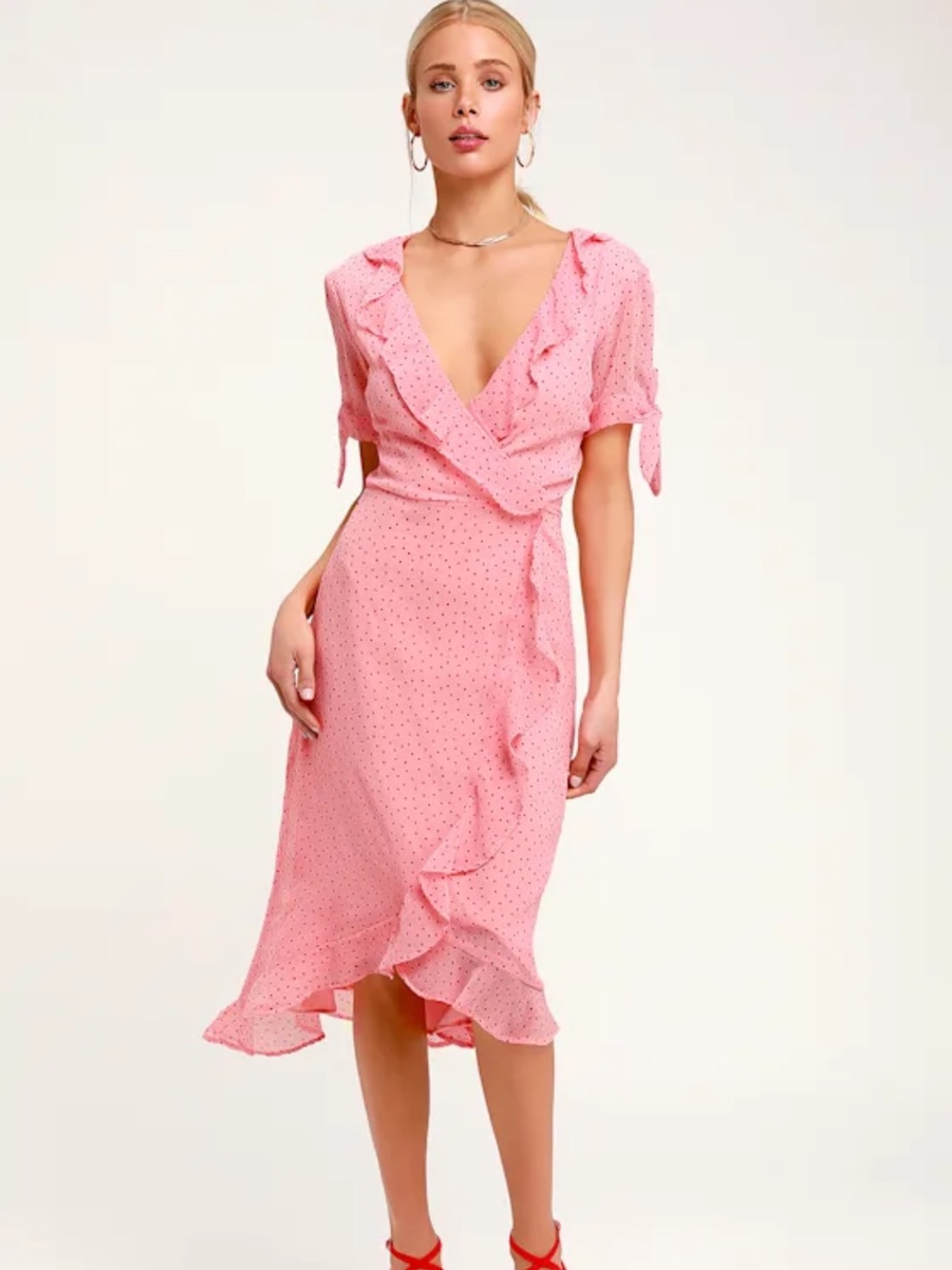LuLus Keli Light Pink Polka Dot Ruffled Midi Dress size S